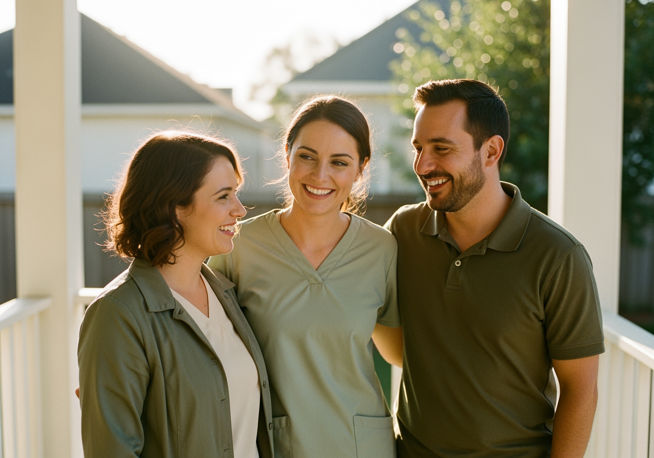 Three Giving Care Houston caregivers in sage and warm tones stand together on a sunlit Houston porch, smiling.