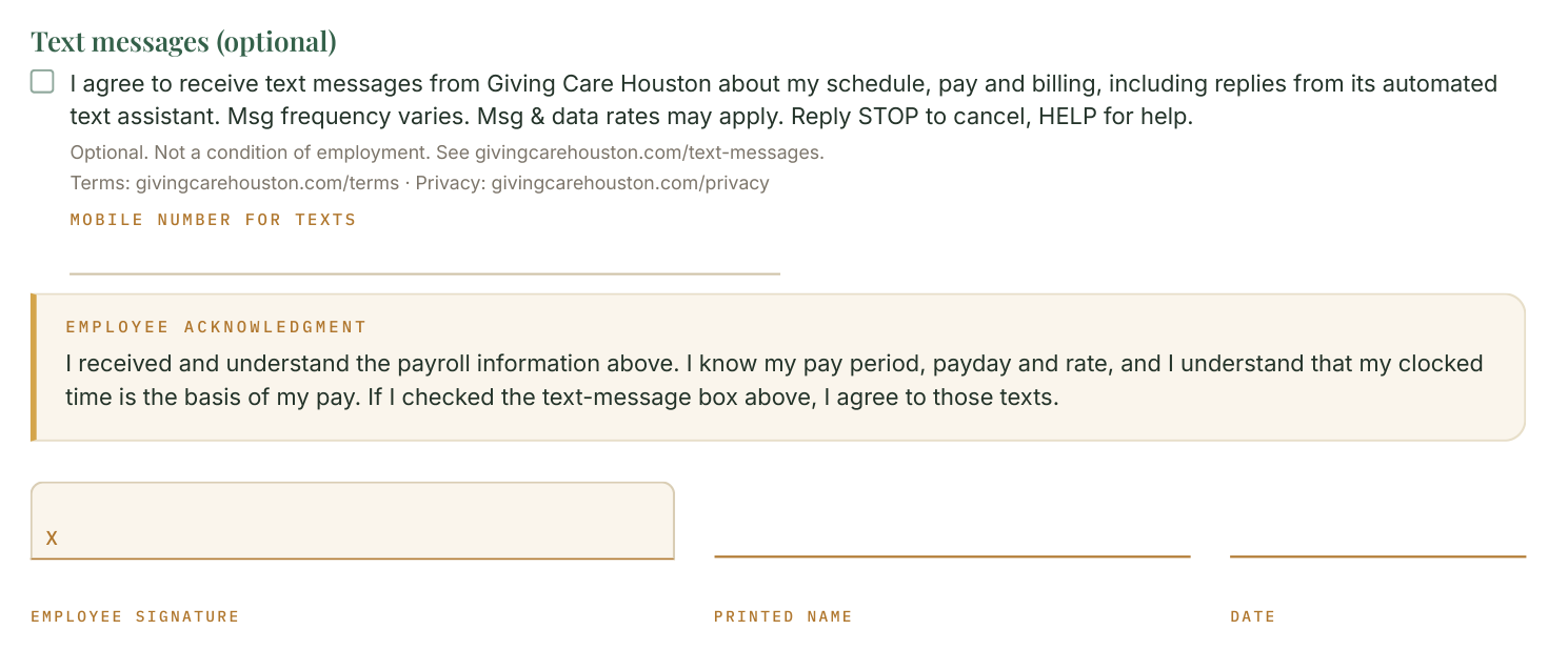 The text-message section of the caregiver onboarding form: an unchecked box with the consent wording, the Terms and Privacy addresses, a mobile number line, and the employee signature, printed name and date lines.