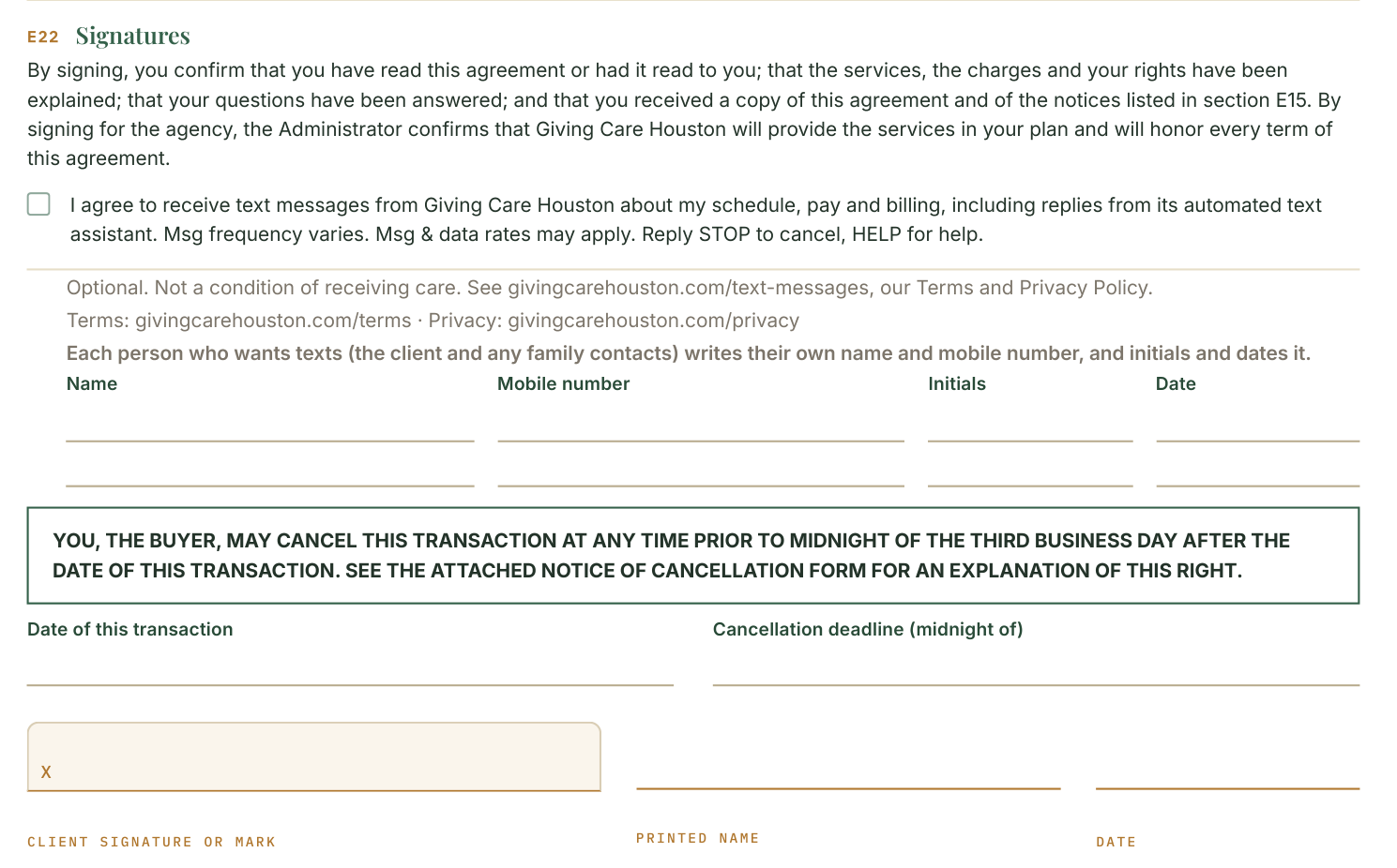 The signature section of the client service agreement: an unchecked text-message box with the consent wording, the Terms and Privacy addresses, rows where each person who wants texts writes their name and mobile number and initials and dates it, and the client signature, printed name and date lines.
